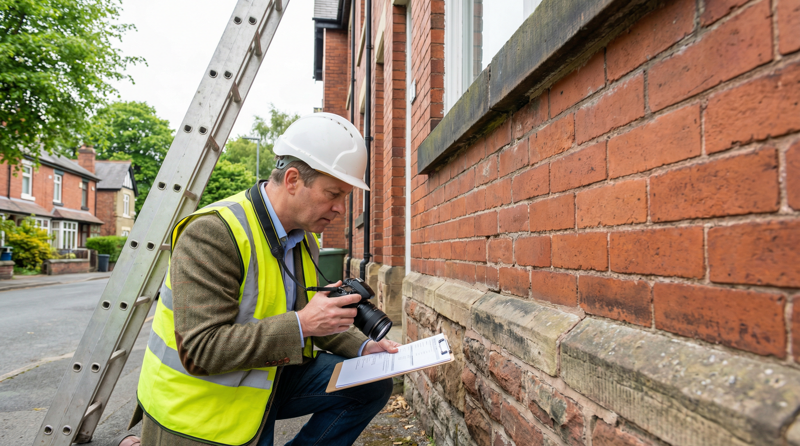 Professional surveyor conducting property inspection