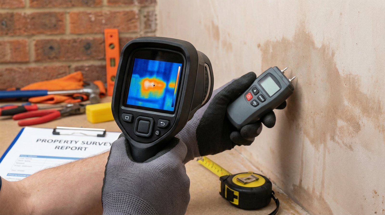 Advanced surveying equipment including thermal imaging camera and moisture meters
